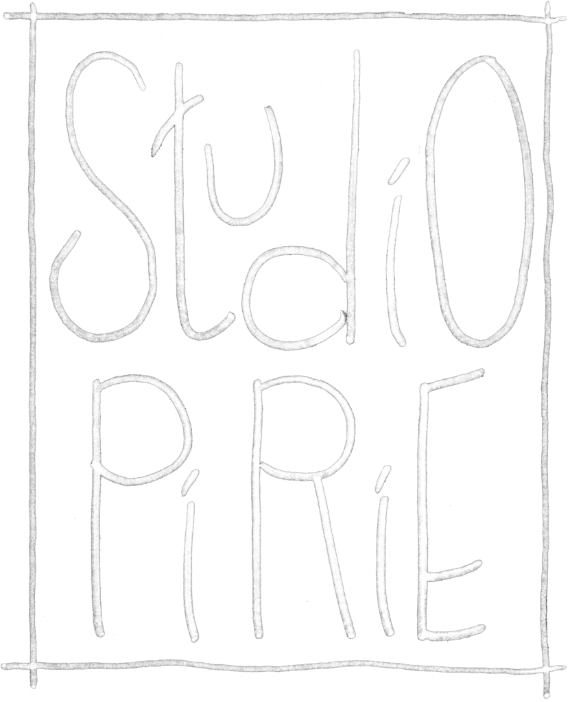 Studio Pirie Logo, (C) 2024. 
Logo is white on a black backdrop, with handlettered words 'Studio Pirie' in mixed caps, enclosed by a sketch draft thumbnail styled frame. 